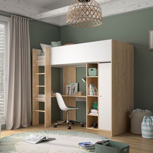 Lit mezzanine 90x200 cm avec bureau + armoire MATHIS imitation chêne et blanc