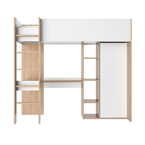 Lit mezzanine 90x200 cm avec bureau + armoire MATHIS imitation chêne et blanc