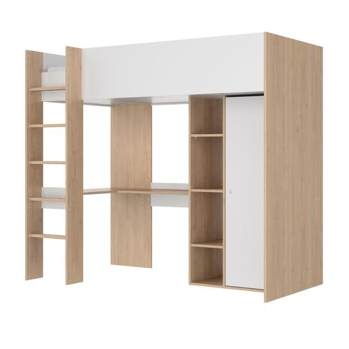 Lit mezzanine 90x200 cm avec bureau + armoire MATHIS imitation chêne et blanc