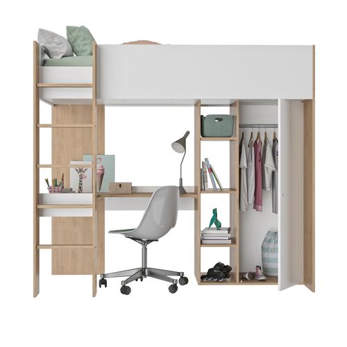 Lit mezzanine 90x200 cm avec bureau + armoire MATHIS imitation chêne et blanc