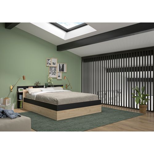Lit coffre 140x190 cm avec sommier relevable TONIGHT imitation chêne et noir