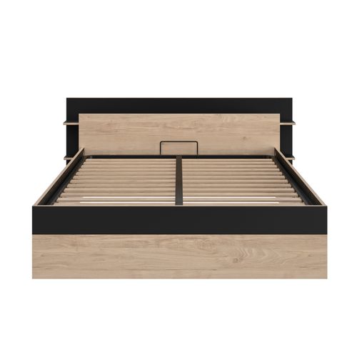 Lit coffre 140x190 cm avec sommier relevable TONIGHT imitation chêne et noir