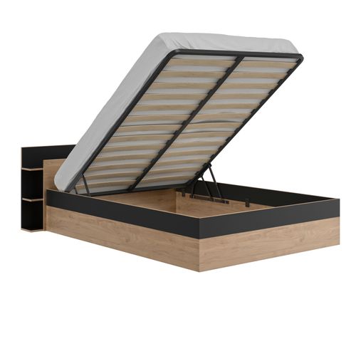 Lit coffre 140x190 cm avec sommier relevable TONIGHT imitation chêne et noir
