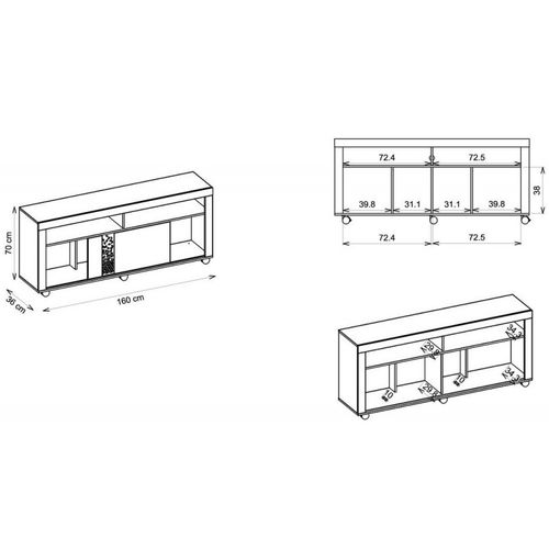 Meuble TV 65 Pouces Chêne Blanc 6 Niches Roulettes L 160 H 70 P 33.6 Cm