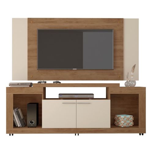 Meuble TV Mural 55 Pouces Chêne Et Ecru 7 Niches L 173 H 160.5 P 38.5 Cm