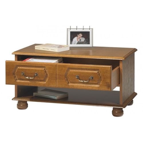 Table Basse Chêne Rustique Rectangle 2 Tiroirs 1 Niche L 82.4 H 42 P 46.5 Cm