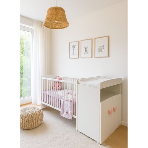 Lit Bébé Combiné Évolutif - Basic - Blanc - Bouton Coeur Rose -60 X 120 Cm