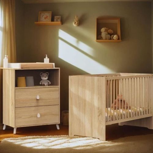 Chambre Bébé Duo Montana - Lit 120x60 + Commode à Langer 2 Tiroirs Décor Chene Doré -