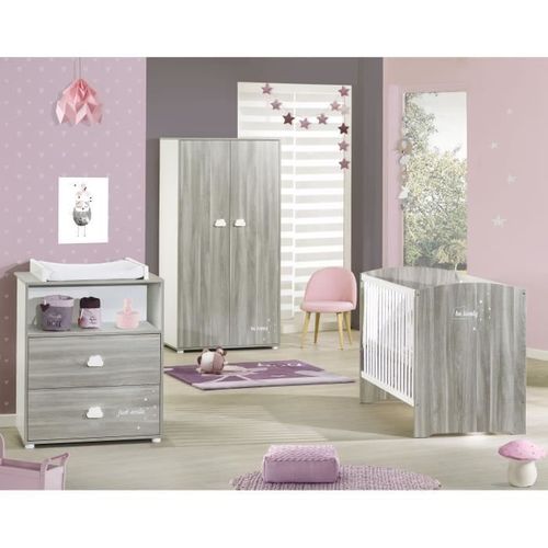 Chambre Bébé Complete - Lit 120x60, Commode à Langer Et Armoire - Smile - Chene Silex