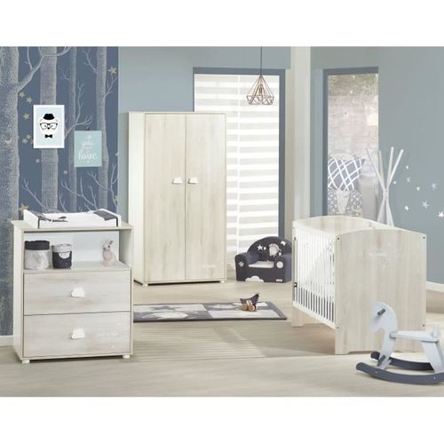 Chambre Bébé Complete - Lit 120x60, Commode à Langer Et Armoire - Smile -  Hetre Cendré
