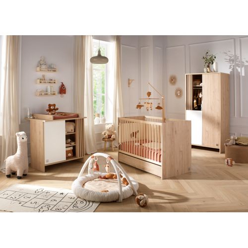 Lit Bébé 120x60 à Barreaux En Bois Décor Chêne Suave Avec Matelas