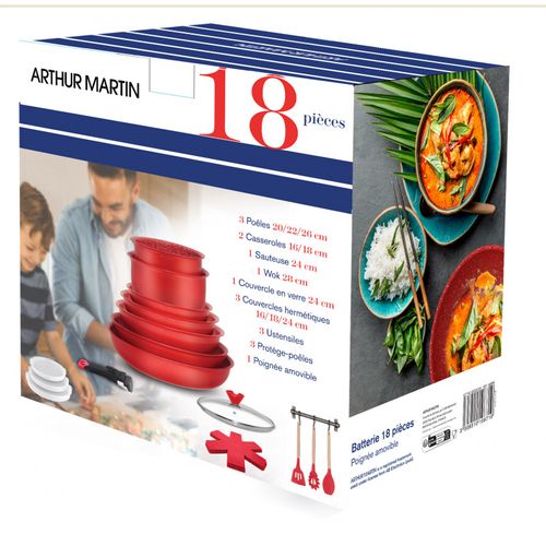 Batterie De Cuisine Avec Manche Amovible 18 Pièces Rouge  Amr94