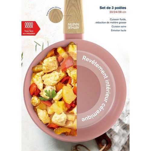 Set De 3 Poeles - Tous Feux Dont Induction - Am5388 - Revetement Céramique - Ø 20-24-28 Cm - Rose