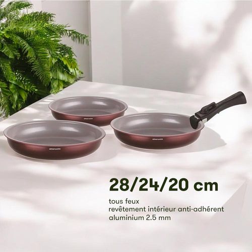 Set De 3 Poeles - Am8866 - Tous Feux Dont Induction - 20/24/28 Cm + 1 Poignée - Revetement Céramique