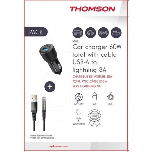 Pack Chargeur + Câble - Chargeur De Voiture 60 W - Câble USB-a Vers L 3a