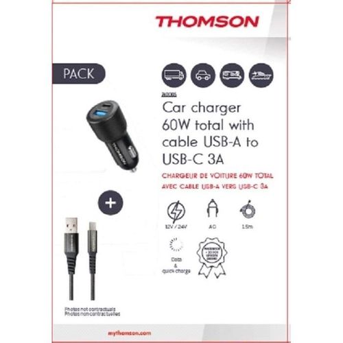 Pack Chargeur + Câble - Chargeur De Voiture 60 W - Câble USB-a Vers C 3a - Longueur 1.5 M