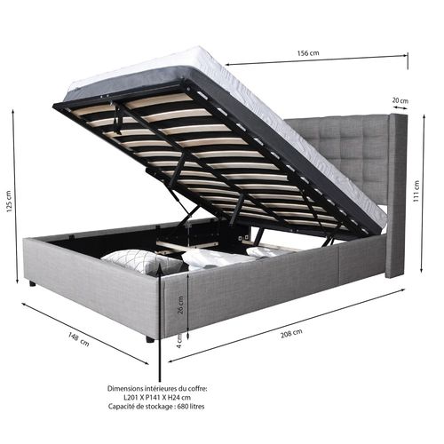 Lit Coffre Wembley 140x190 + 1 Sommier / Gris Clair