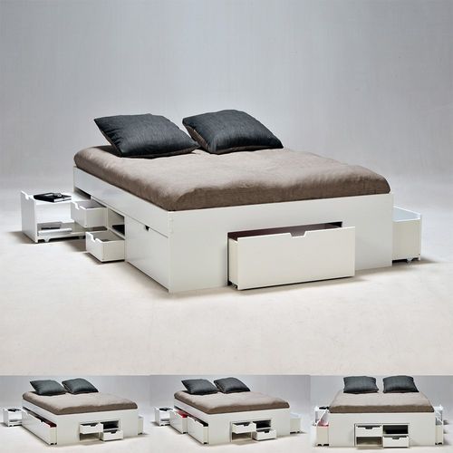 Lit Double Jazz 140x190 7 Tiroirs + 2 Chevets / Blanc