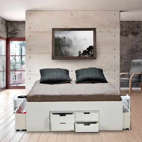 Lit Double Jazz 140x190 7 Tiroirs + 2 Chevets / Blanc