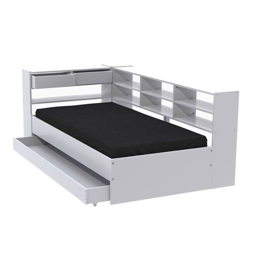 Lit 90x190 - Étagères - Tiroir - Sommier Inclus Roller - Blanc