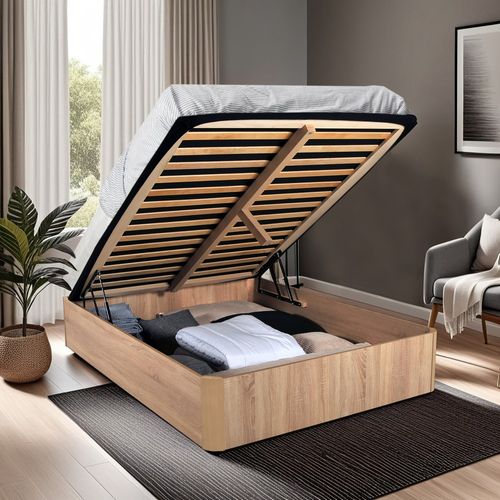 Lit Coffre Spiro 160x200cm + 1 Sommier / Décor Chêne Blanchi