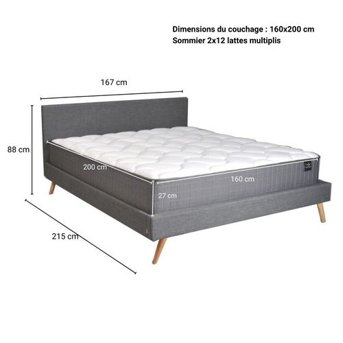 Lit Fjord 160x200 Tissu + 1 Sommier + 1 Matelas Carlton / Gris Foncé