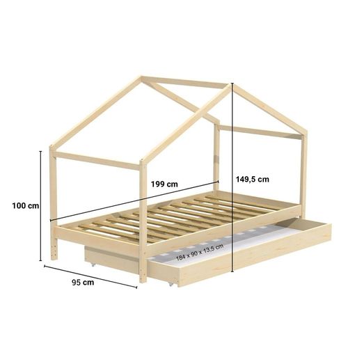 Lit Cabane 90x190 Tiroir De Lit Et Sommier Inclus Koala - Bois