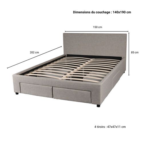 Lit 140x190 Sommier Inclus Et 4 Tiroirs Côme Girs Clair