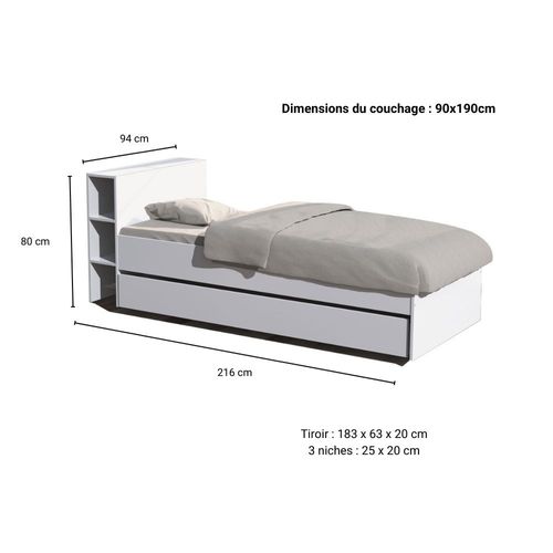 Lit 90x190 Inclus 1 Tiroir Et Étagères Fara - Blanc