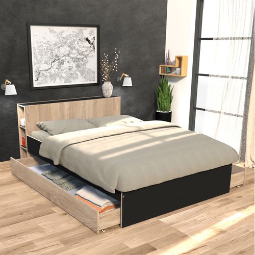 Lit 140x190 Inclus 2 Tiroirs Fara Noir Et Naturel Blanchi