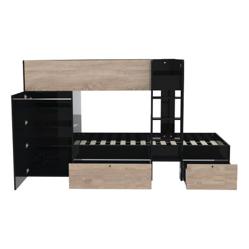 Lit Superposé 90x190 - Armoire - Tiroirs - Twin - Noir Et Bois
