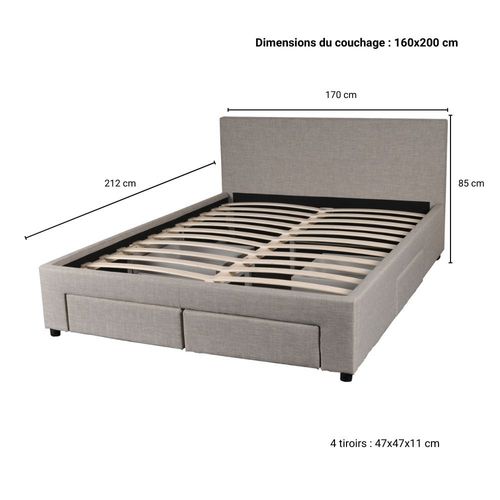 Lit 160x200 Sommier Inclus Et 4 Tiroirs Côme Girs Clair