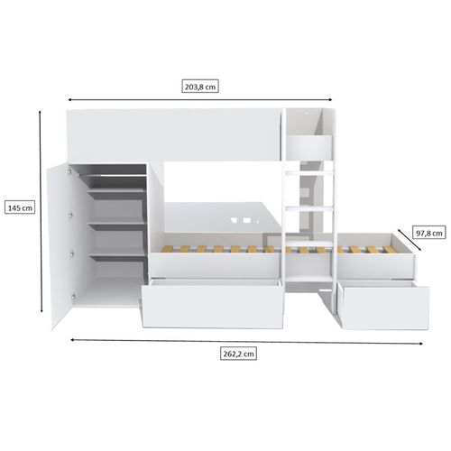 Lit Superposé 90x190 - Armoire - Tiroirs - Sommier Inclus Twin - Blanc