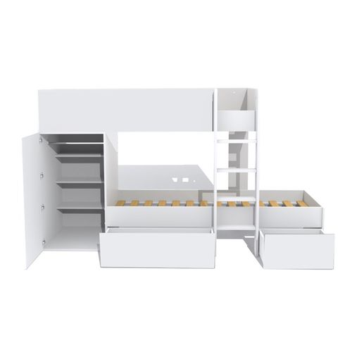 Lit Superposé 90x190 - Armoire - Tiroirs - Sommier Inclus Twin - Blanc