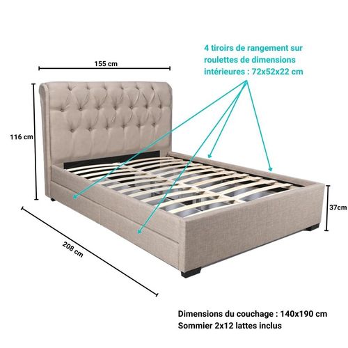 Lit Chelsea 140x190 + 4 Tiroirs + Sommier / Beige
