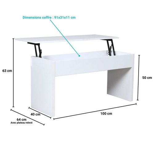 Table Basse Plateau Relevable Arizona 100x40cm / Blanc