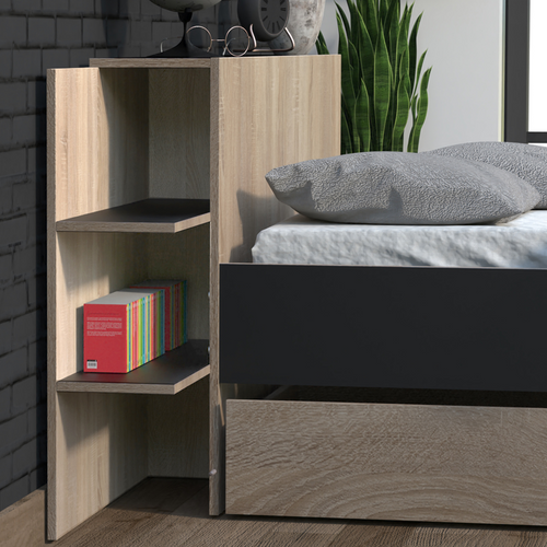 Lit 140x190 Inclus Tête De Lit Avec Chevet Et 1 Petit Tiroir Fara Noir Et Naturel Blanchi