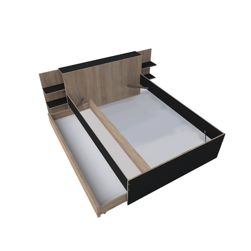 Lit 140x190 Inclus Tête De Lit Avec Chevet Et 1 Petit Tiroir Fara Noir Et Naturel Blanchi