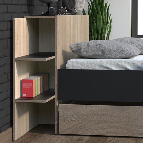 Lit 140x190 Inclus Tête De Lit Avec Chevet Et 1 Petit Tiroir Fara Noir Et Naturel Blanchi