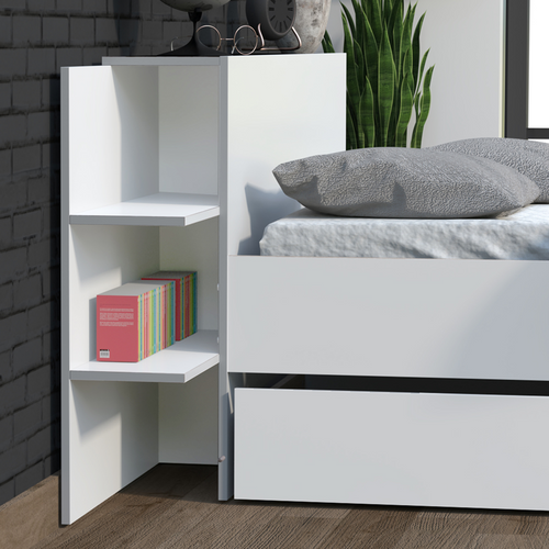 Lit 140x190 Inclus Tête De Lit Avec Chevet Et 1 Petit Tiroir Fara Blanc