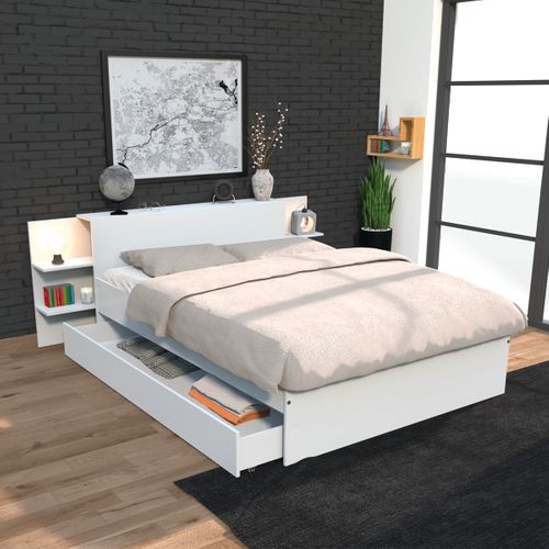 Lit 140x190 Inclus Tête De Lit Avec Chevet Et 1 Petit Tiroir Fara Blanc