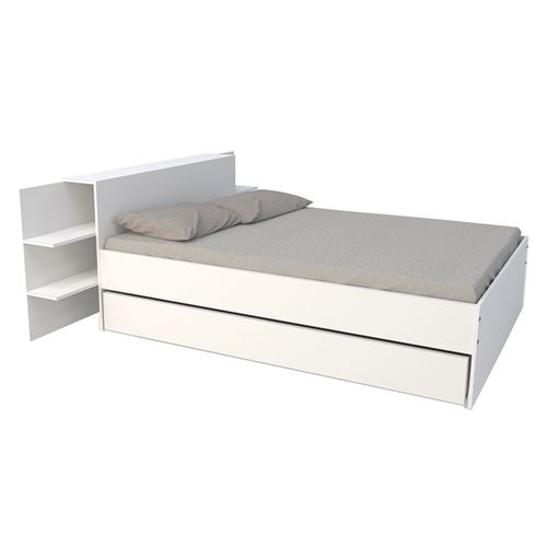 Lit 140x190 Inclus Tête De Lit Avec Chevet Et 1 Petit Tiroir Fara Blanc
