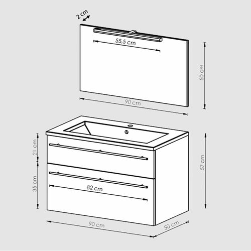 Meuble Sous-vasque 90 cm + Vasque + Miroir + Éclairage Maia / Chêne Clair Grisé