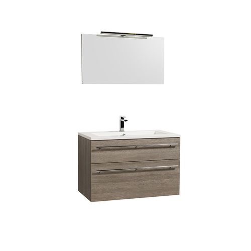 Meuble Sous-vasque 90 cm + Vasque + Miroir + Éclairage Maia / Chêne Clair Grisé