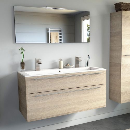 Meuble Sous-vasque 120 cm + Vasque + Miroir + Éclairage Maia / Chêne Naturel