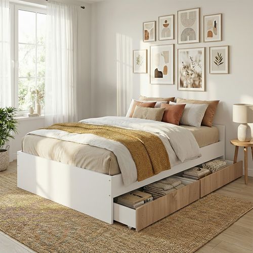 Lit Kappa 140x190 Cm + 2 Tiroirs / Décor Chêne Blanchi Et Blanc