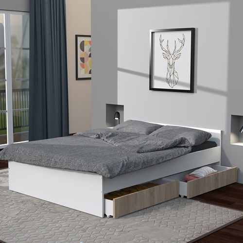 Lit Kappa 140x190 Cm + 2 Tiroirs / Décor Chêne Blanchi Et Blanc