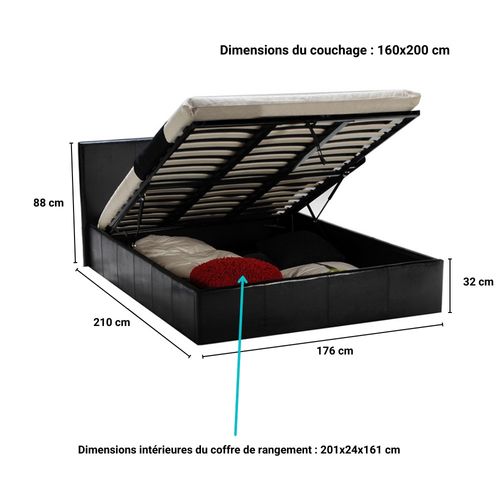 Lit Coffre Barcelona 160x200 + 1 Sommier + 1 Matelas Mémoire De Forme / Noir