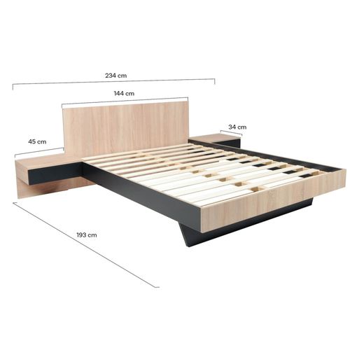 Lit Cool 140x190 Cm + 2 Chevets + Sommier / Décor Chêne Blanchi et Noir