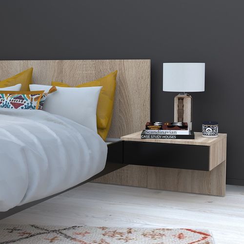 Lit Cool 140x190 Cm + 2 Chevets + Sommier / Décor Chêne Blanchi et Noir